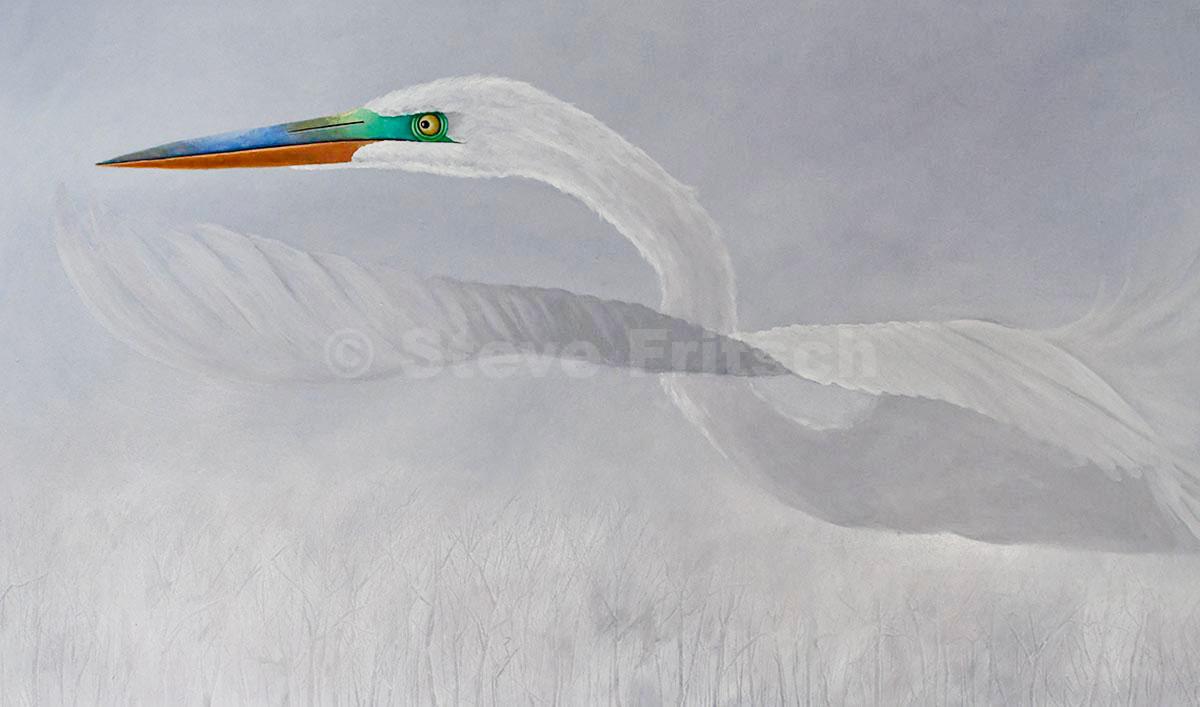 "Egret Flying Over Marsh"